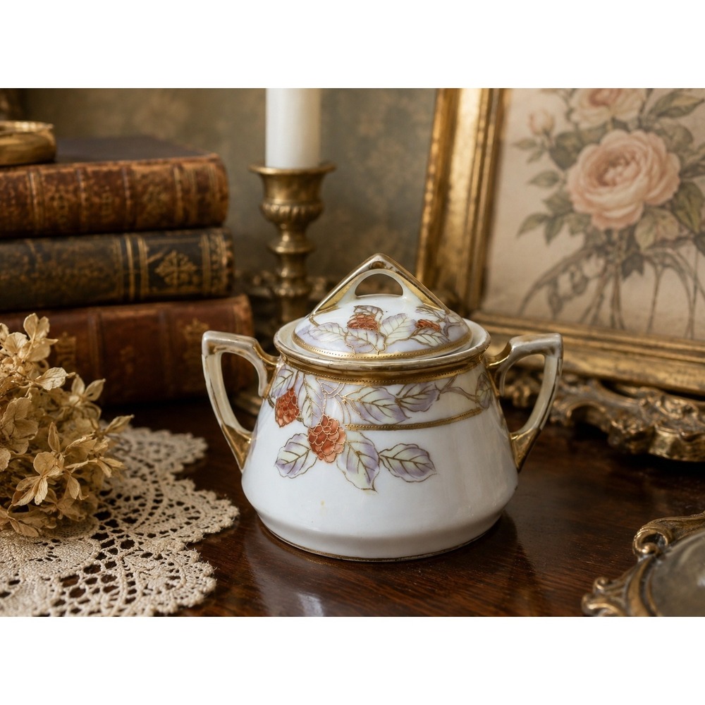 Antique Nippon Hand Painted Porcelain Sugar Bowl Pinecone Gold Moriage 1910-1921